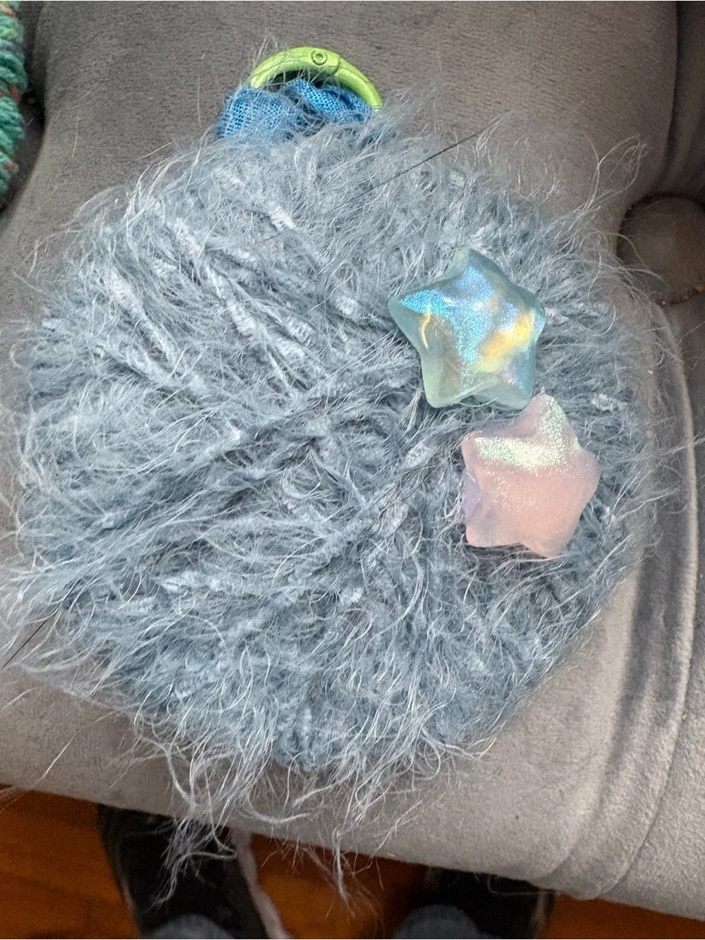Handmade Plush Fuzzy Pom-Pom Keychain with Iridescent Star Charms - Blue